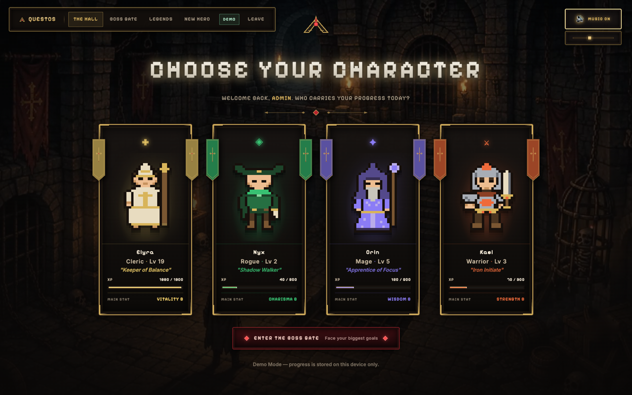 QuestOS — RPG de productividad con héroes pixel art